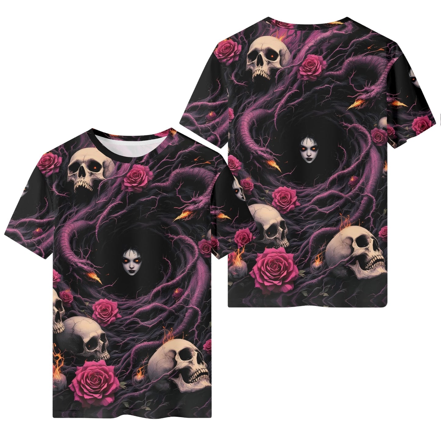 Unraveling Shadows Lycra T-Shirt by Loud and Lethal with skulls, roses, and dark swirling design