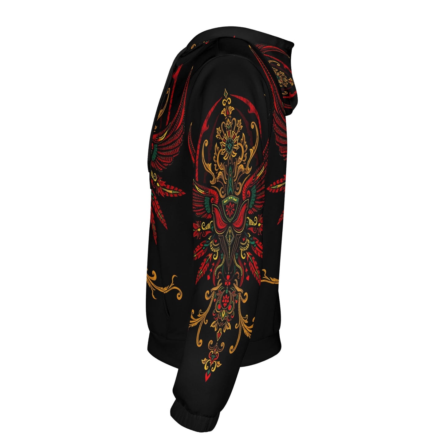Ornate Uprising Poly French Terry Hoodie Limited Edition black unisex hoodie with red gold ornamental phoenix mask side print