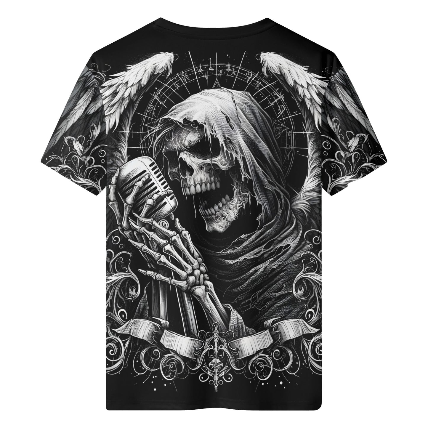Shadowy Singer 100 Cotton T-Shirt black unisex design featuring hooded skull singer with vintage microphone and angel wings