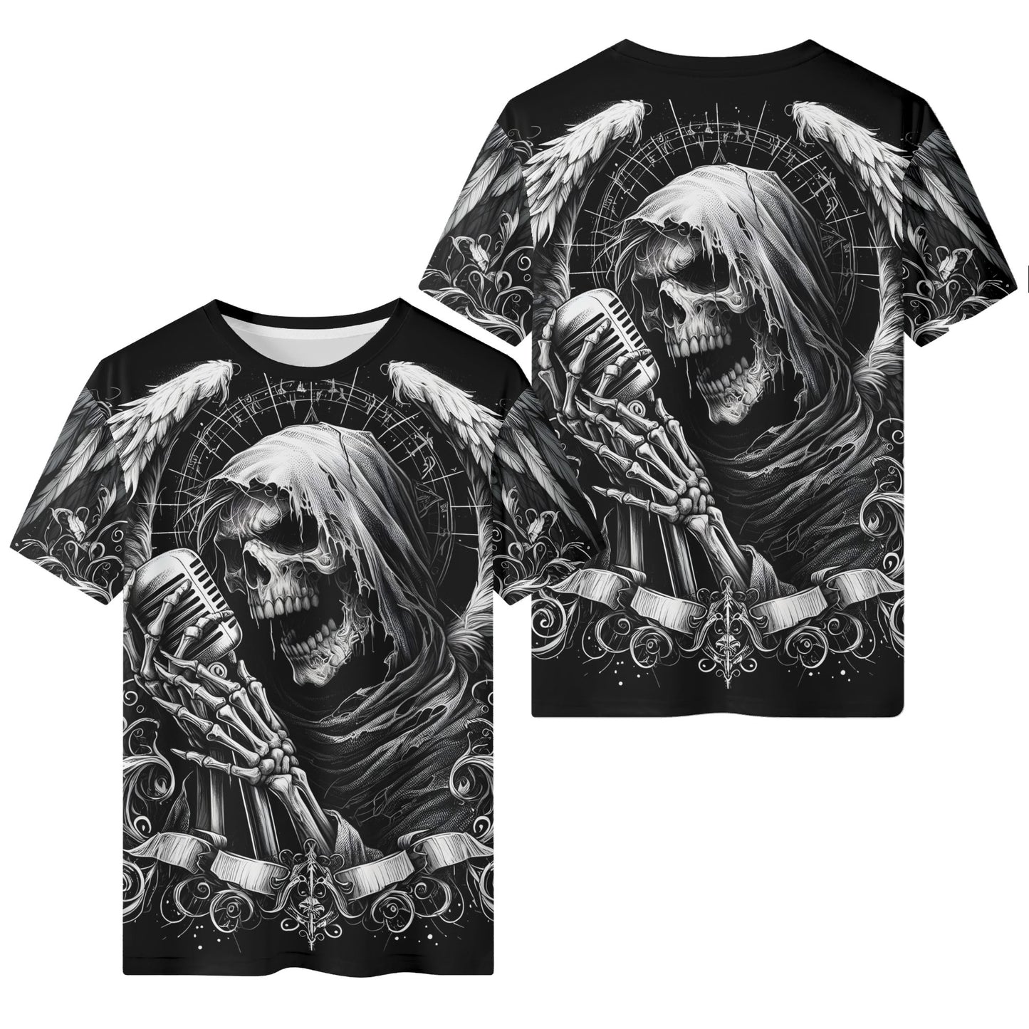 Loud and Lethal Shadowy Singer 100 Cotton T-Shirt unisex black tee skull singer with vintage mic and winged gothic artwork