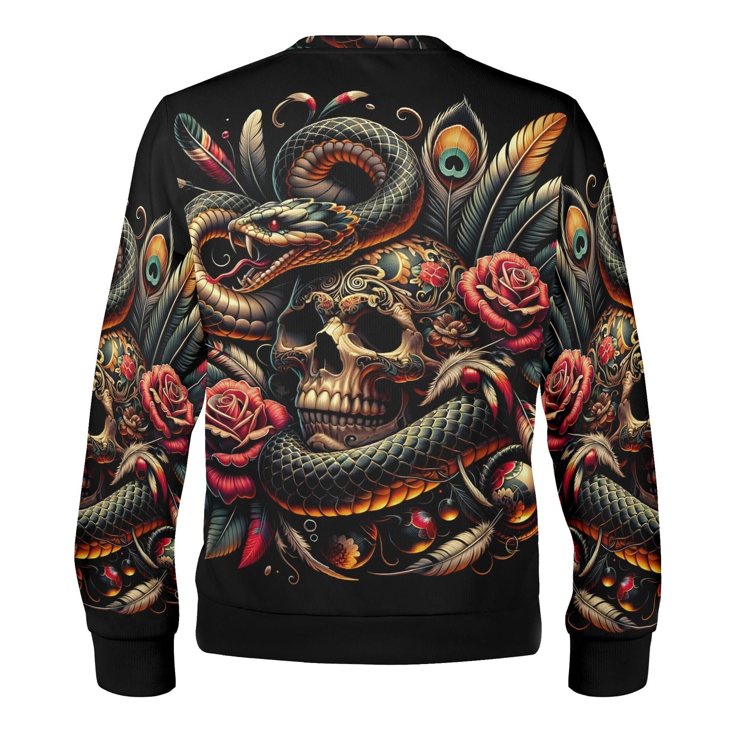 Loud and Lethal Tangled Fate Poly French Terry Sweatshirt unisex black sweatshirt back print skull snake roses and feathers