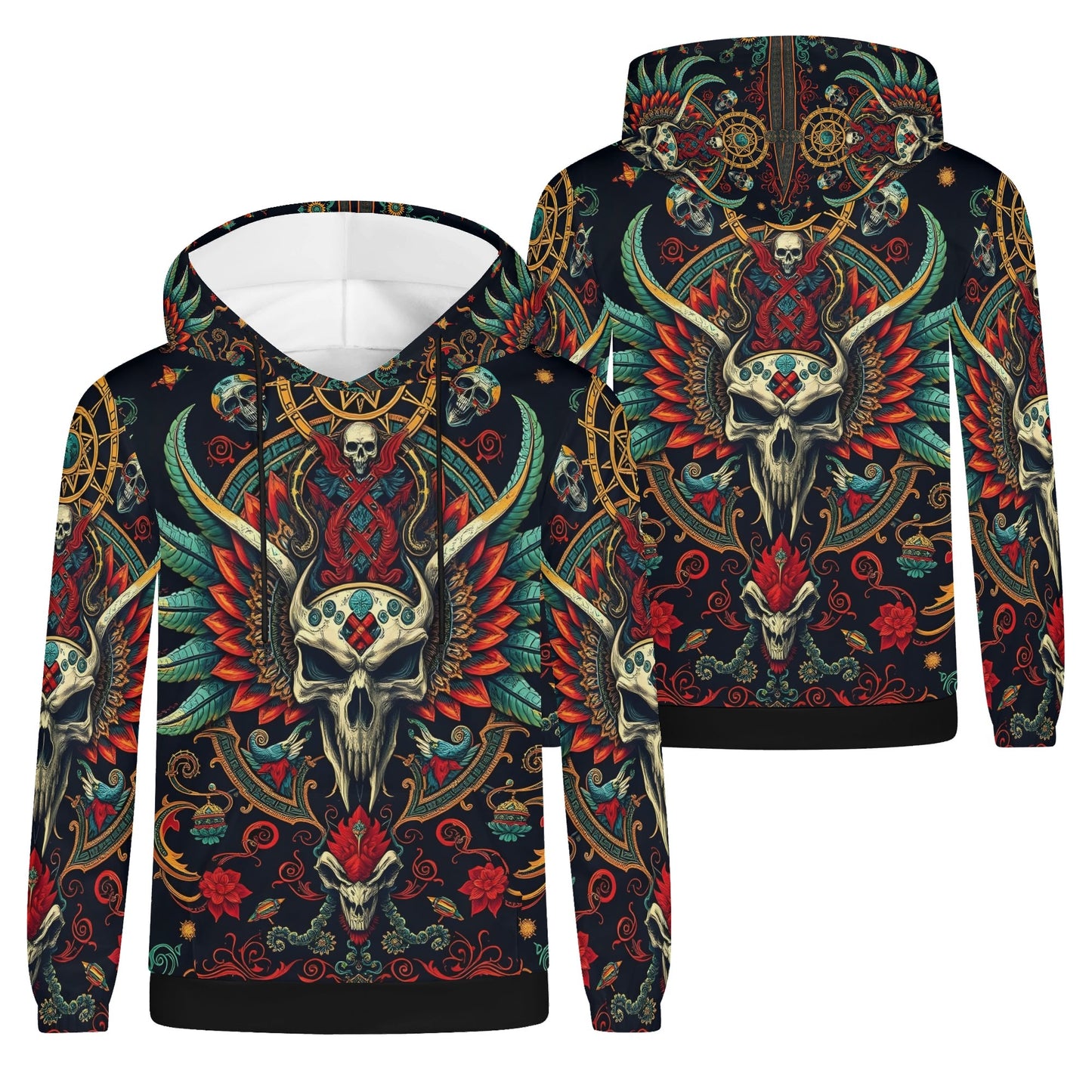 Flourish of Rebellion Poly French Terry Hoodie Limited Edition unisex black hoodie with ornate skull wings and floral pattern