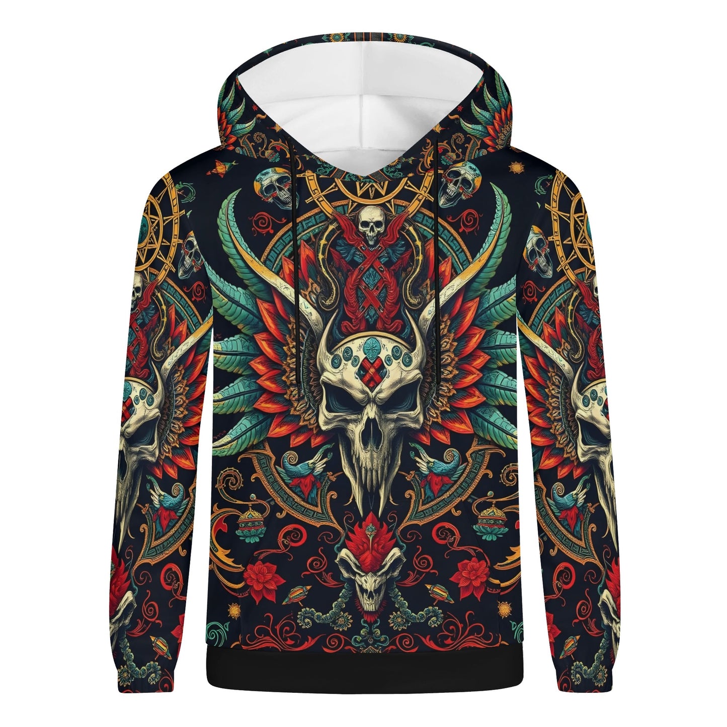 Flourish of Rebellion Poly French Terry Hoodie Limited Edition unisex hoodie with ornate skull wings and red teal floral design