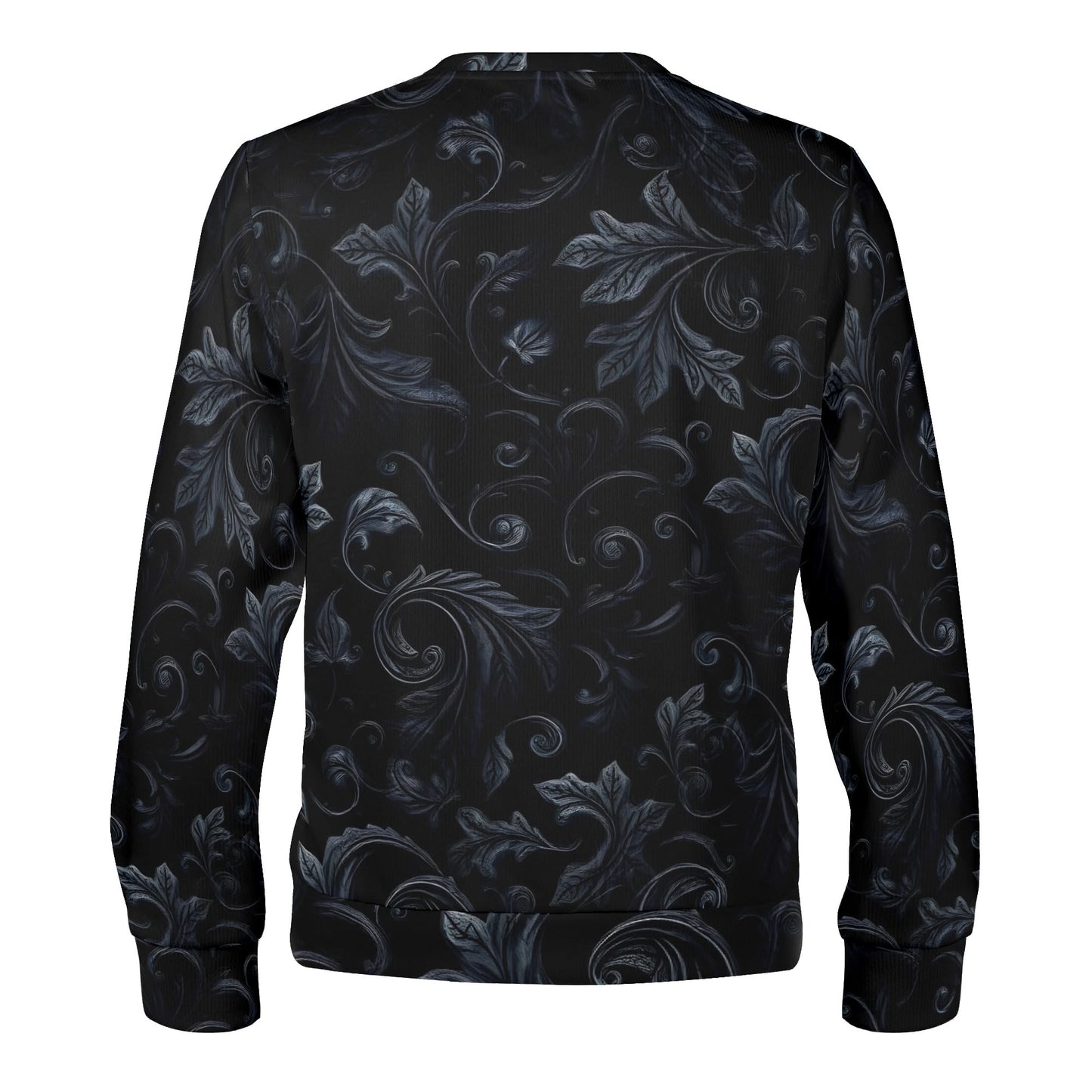 Shadowed Foliage Poly French Terry Sweatshirt unisex black back view with dark gray ornamental leaves