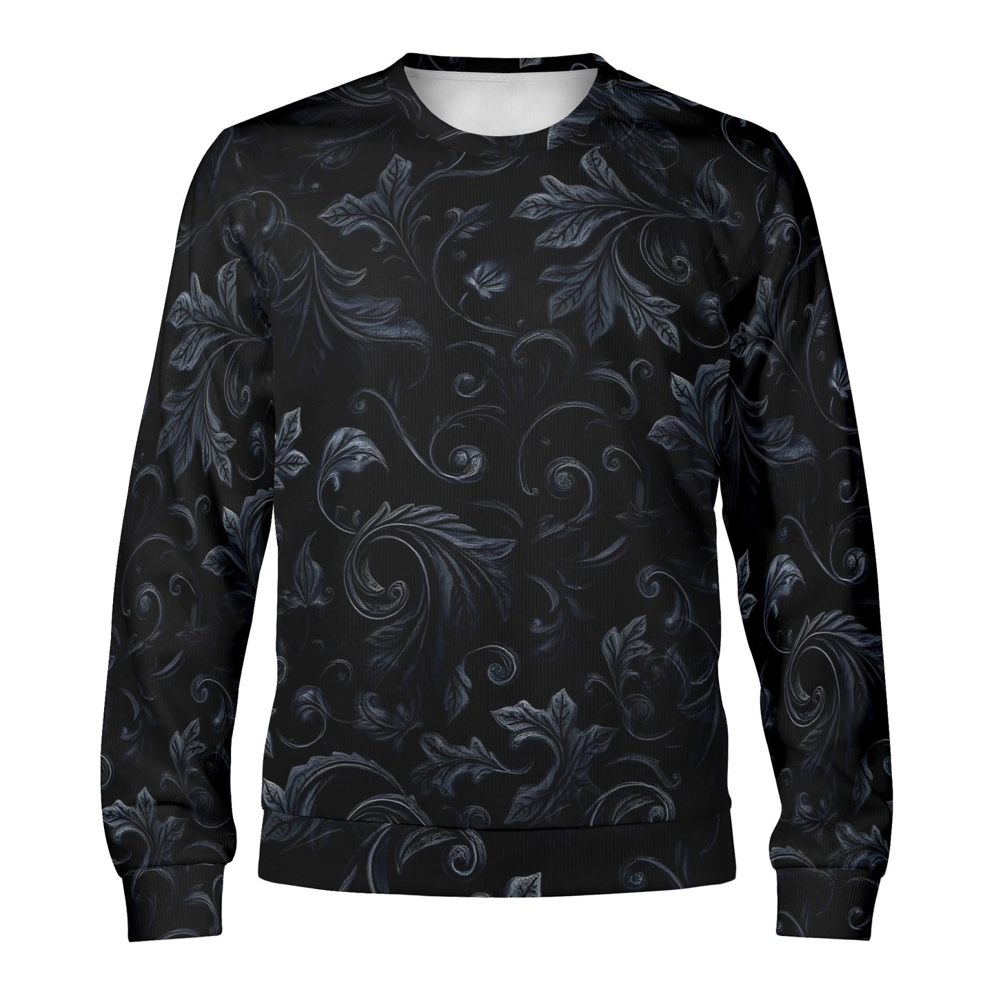 Loud and Lethal Shadowed Foliage Poly French Terry Sweatshirt unisex black crewneck with dark gray foliage pattern