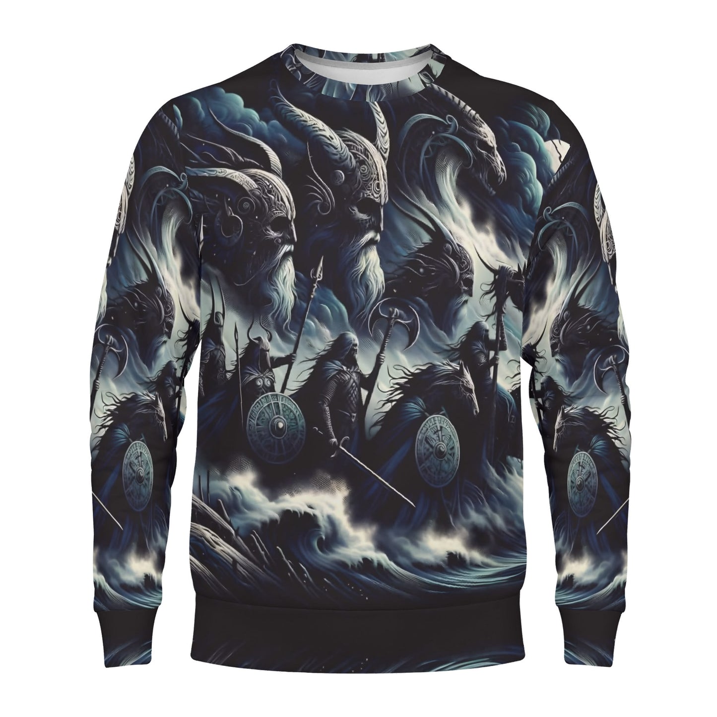 Storm Riders of the Divine Poly French Terry Sweatshirt unisex sweater featuring Viking riders in stormy waves