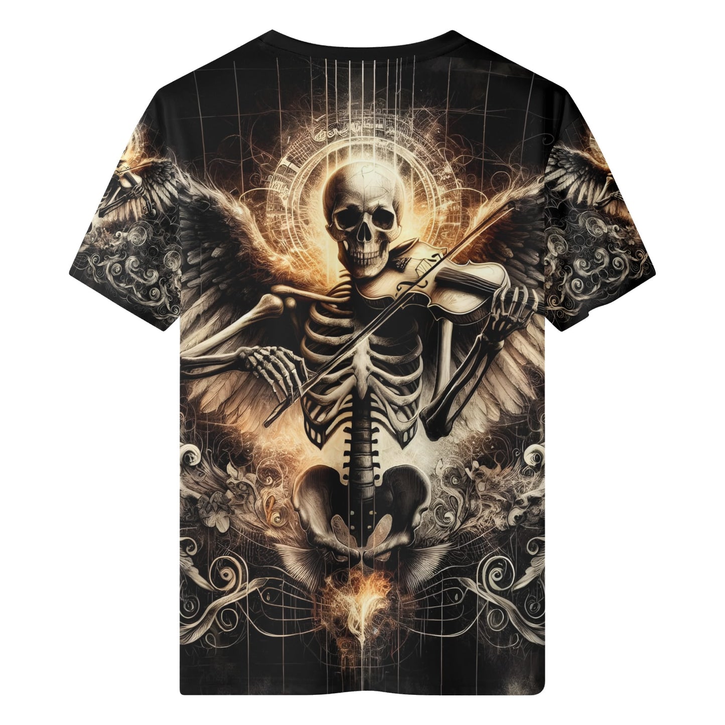 Loud and Lethal Violin Virtuoso 100 Cotton T Shirt with skeleton playing violin and wings design