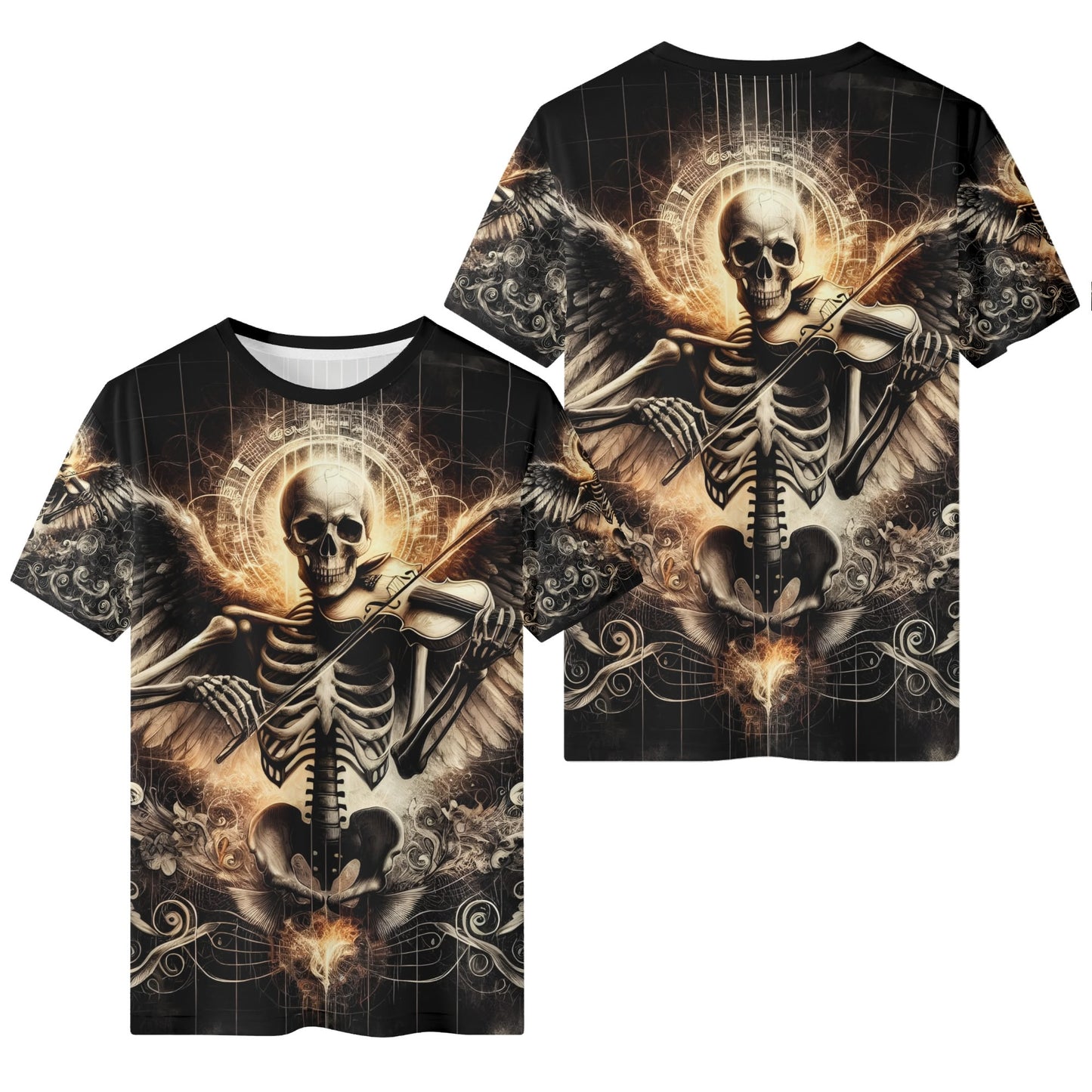 Violin Virtuoso 100 Cotton T-Shirt featuring skeleton angel playing violin with dark artistic design