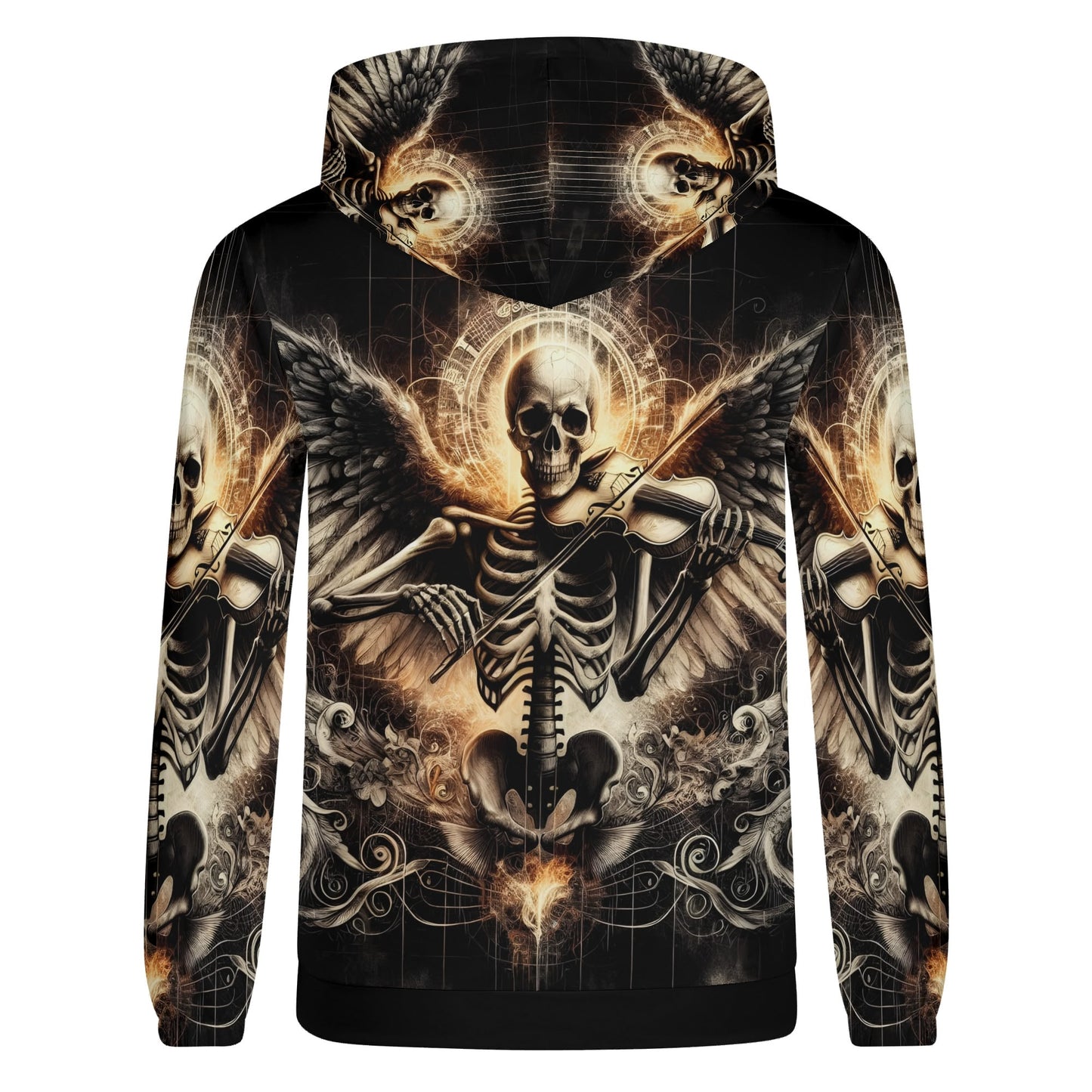 Violin Virtuoso french terry hoodie featuring skeleton angel playing violin graphic in dark tones