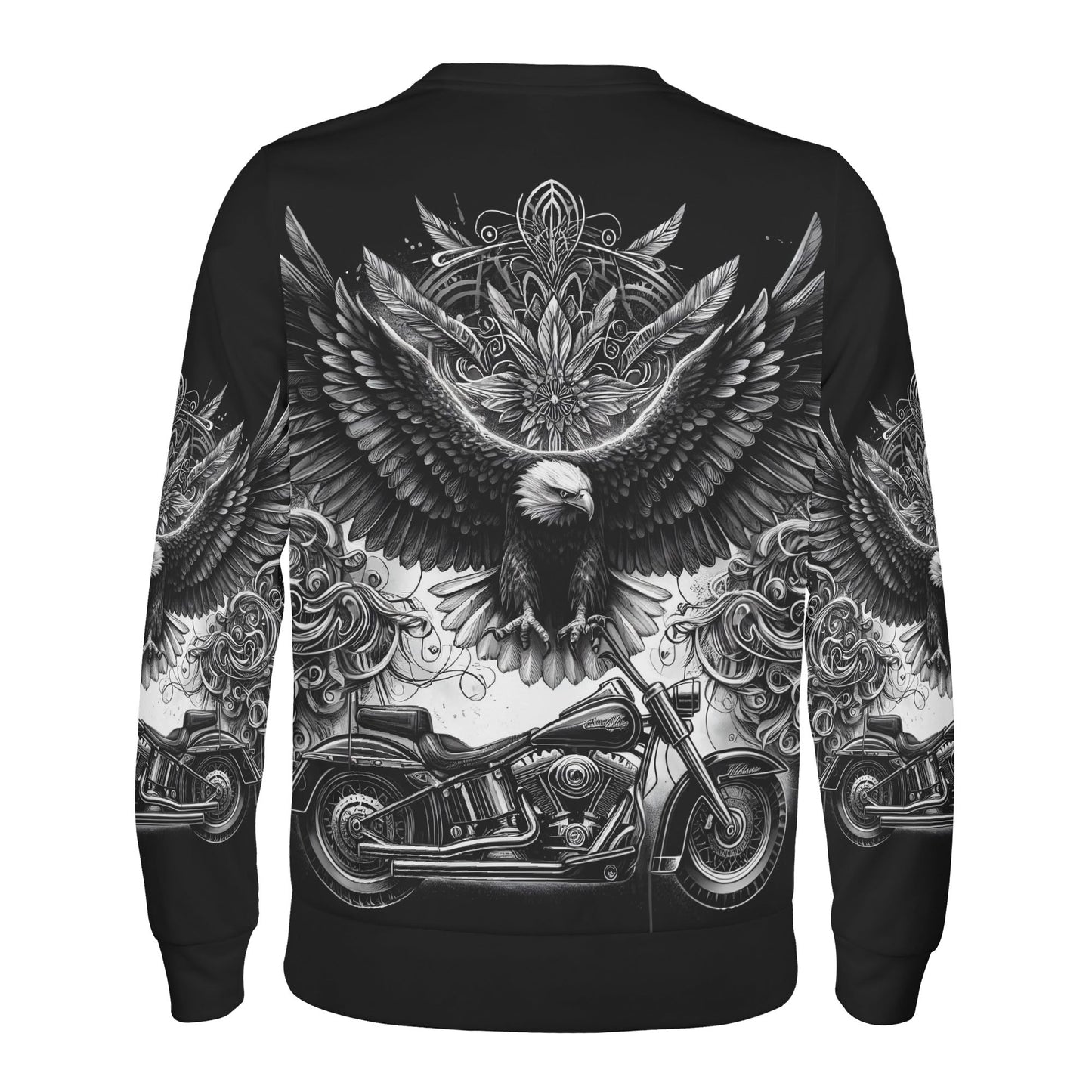 Soaring Eagle Poly French Terry Sweatshirt unisex black crewneck with large flying eagle and motorcycle back print