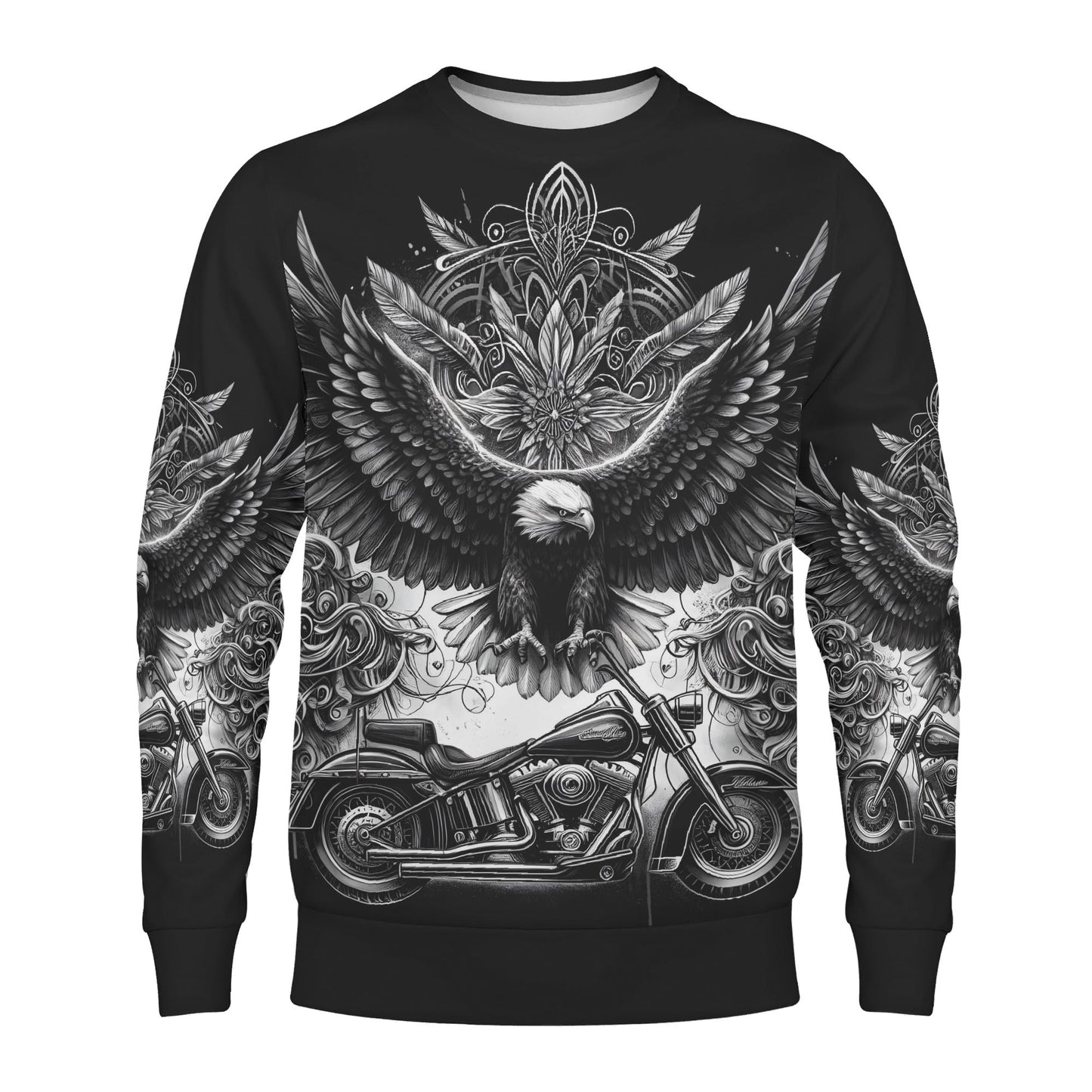Loud and Lethal Soaring Eagle Poly French Terry Sweatshirt black unisex sweater with bald eagle and motorcycle graphic