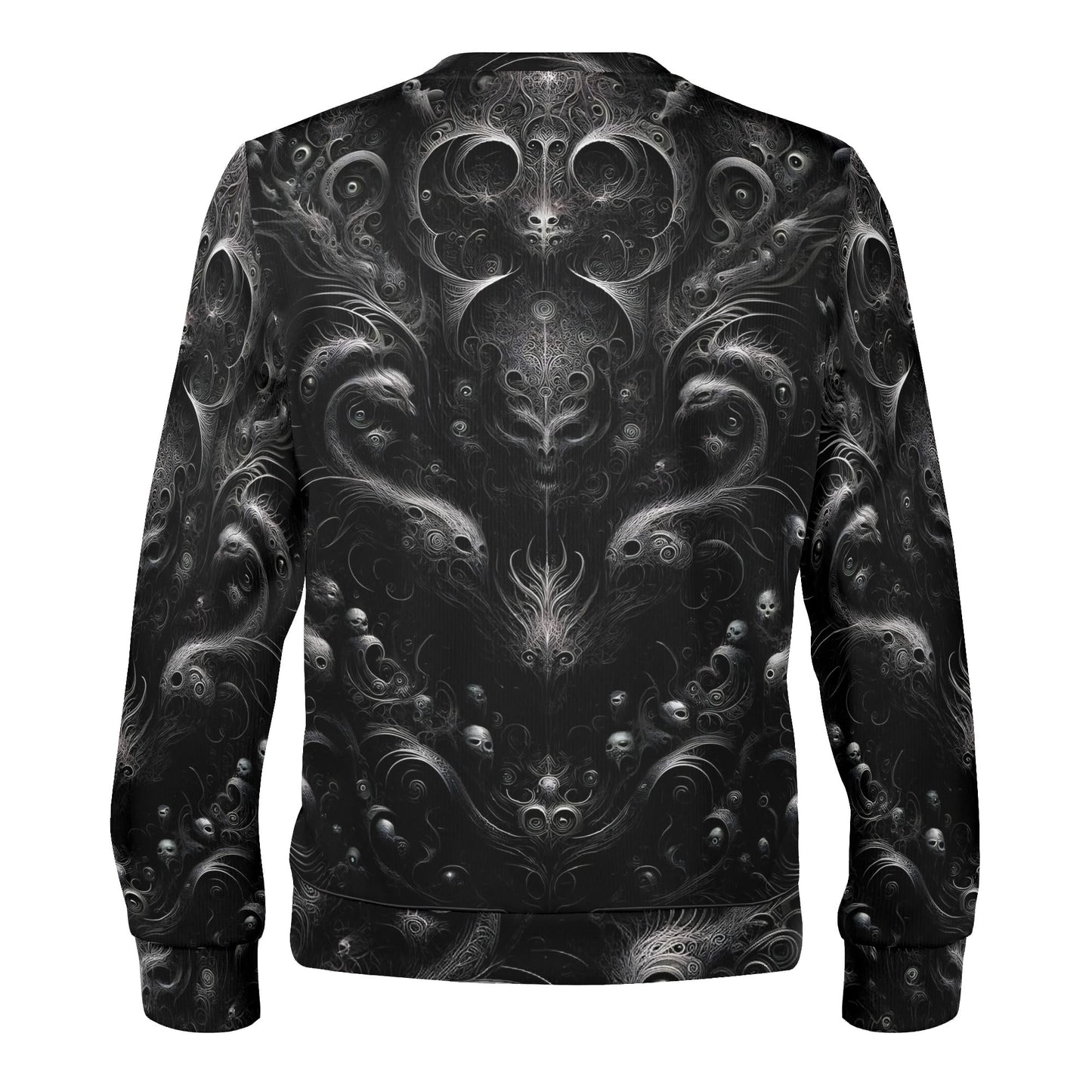 Loud and Lethal unisex sweater featuring Whispers of the Void Poly French Terry Sweatshirt black gothic skull and swirl print