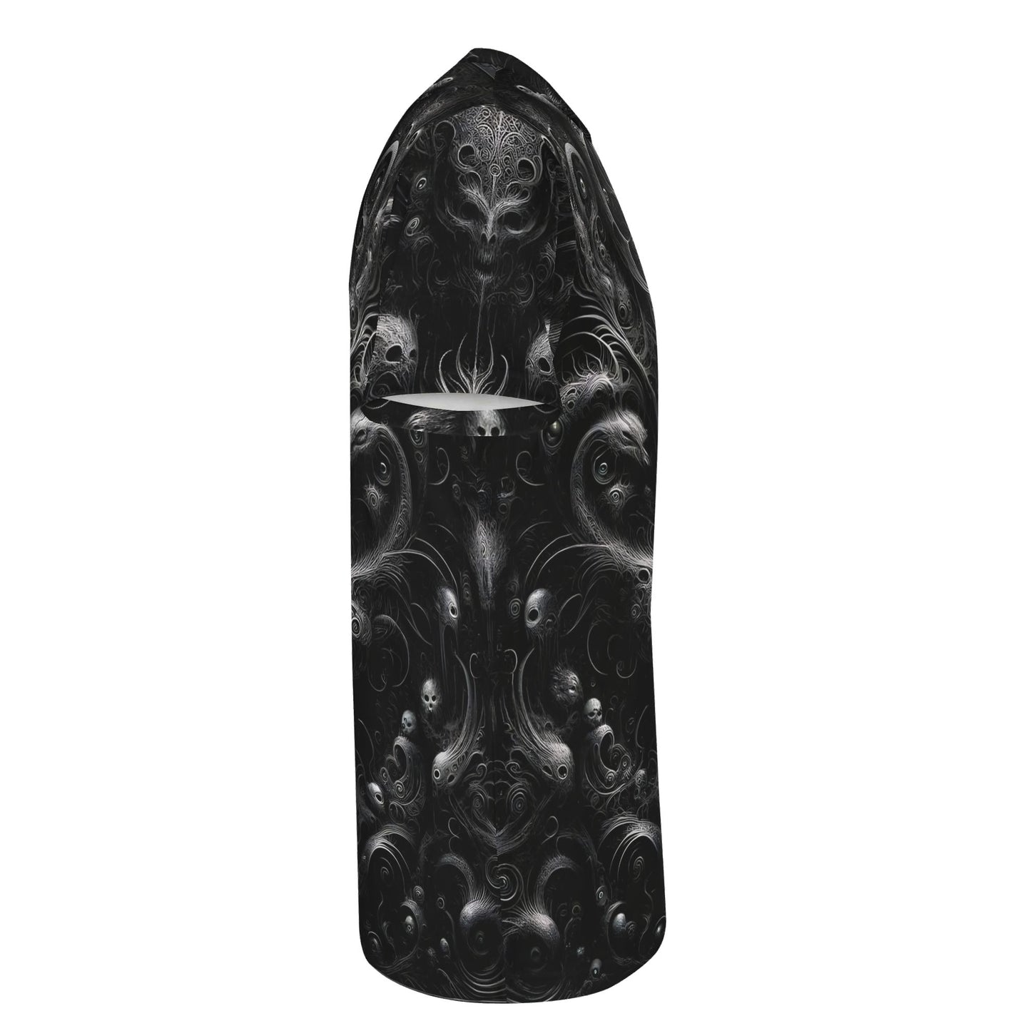 Side view of Loud and Lethal Whispers of the Void 100 Cotton T-Shirt with dark abstract skull design