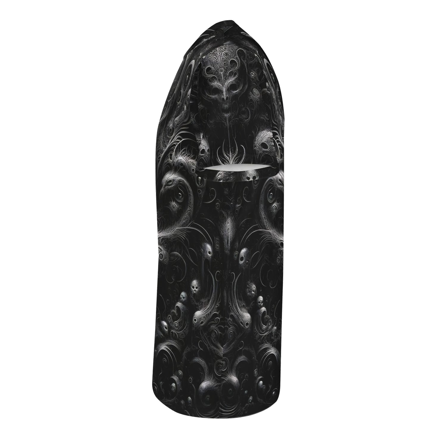 Loud and Lethal Whispers of the Void Lycra T-Shirt with dark intricate abstract design on black fabric