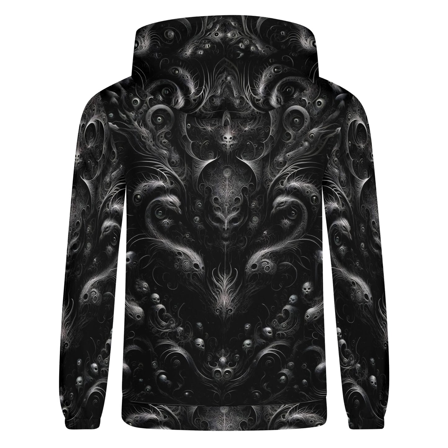 Back view of Loud and Lethal Whispers of the Void Poly French Terry hoodie with dark intricate skull and swirl patterns