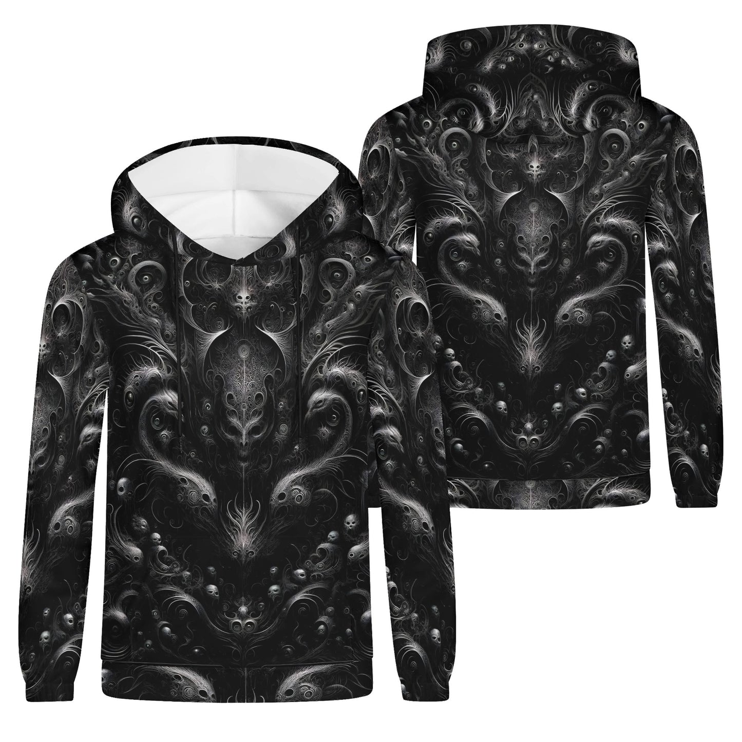 Whispers of the Void Poly French Terry hoodie by Loud and Lethal with intricate black and gray abstract design