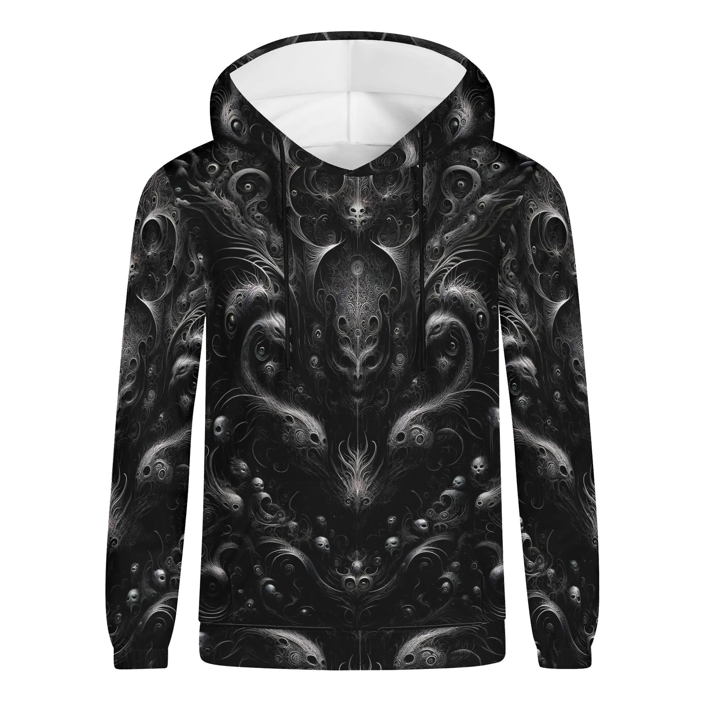 Unisex Whispers of the Void Poly French Terry hoodie by Loud and Lethal with dark intricate skull design