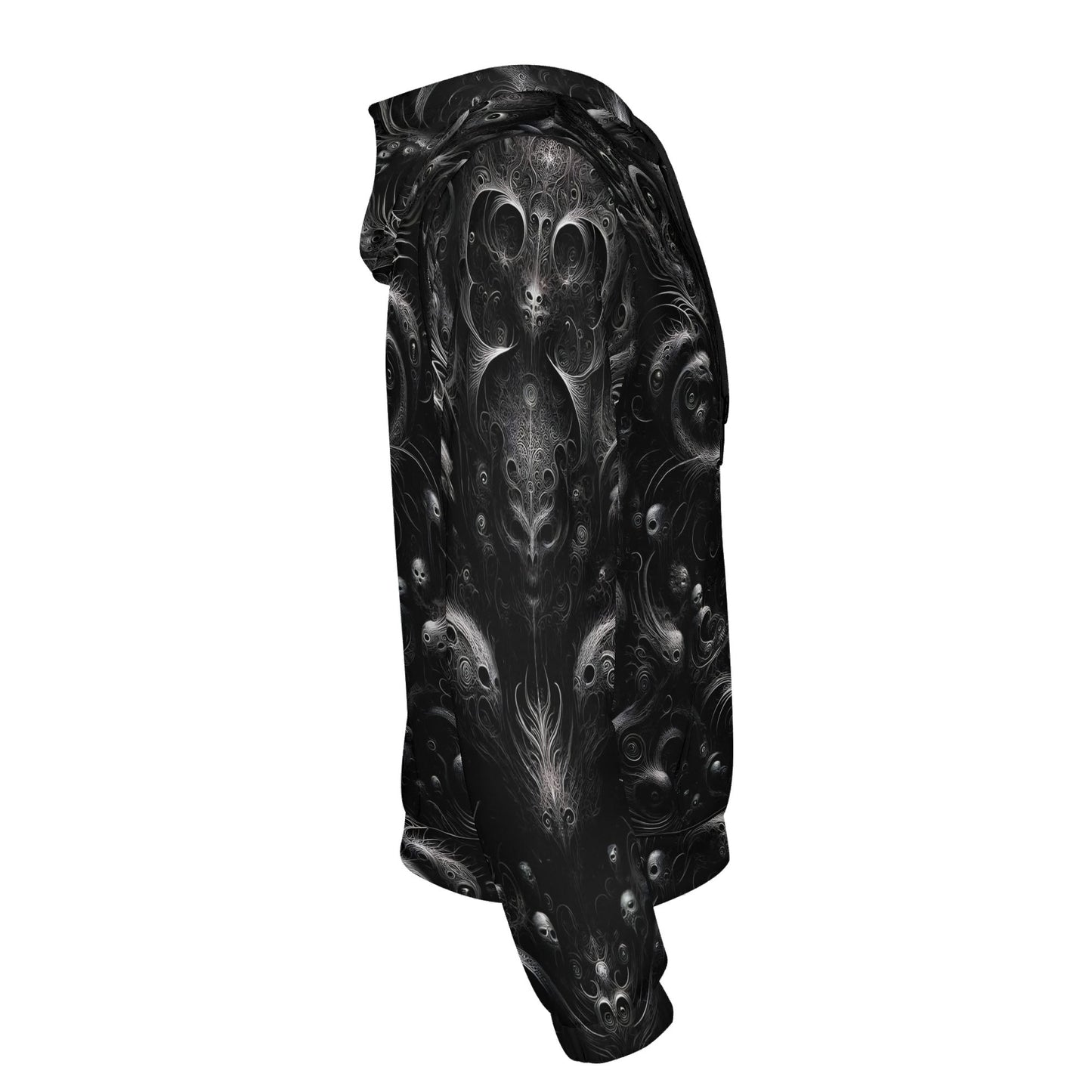 Side view of Loud and Lethal Whispers of the Void Poly French Terry hoodie featuring dark intricate skull designs