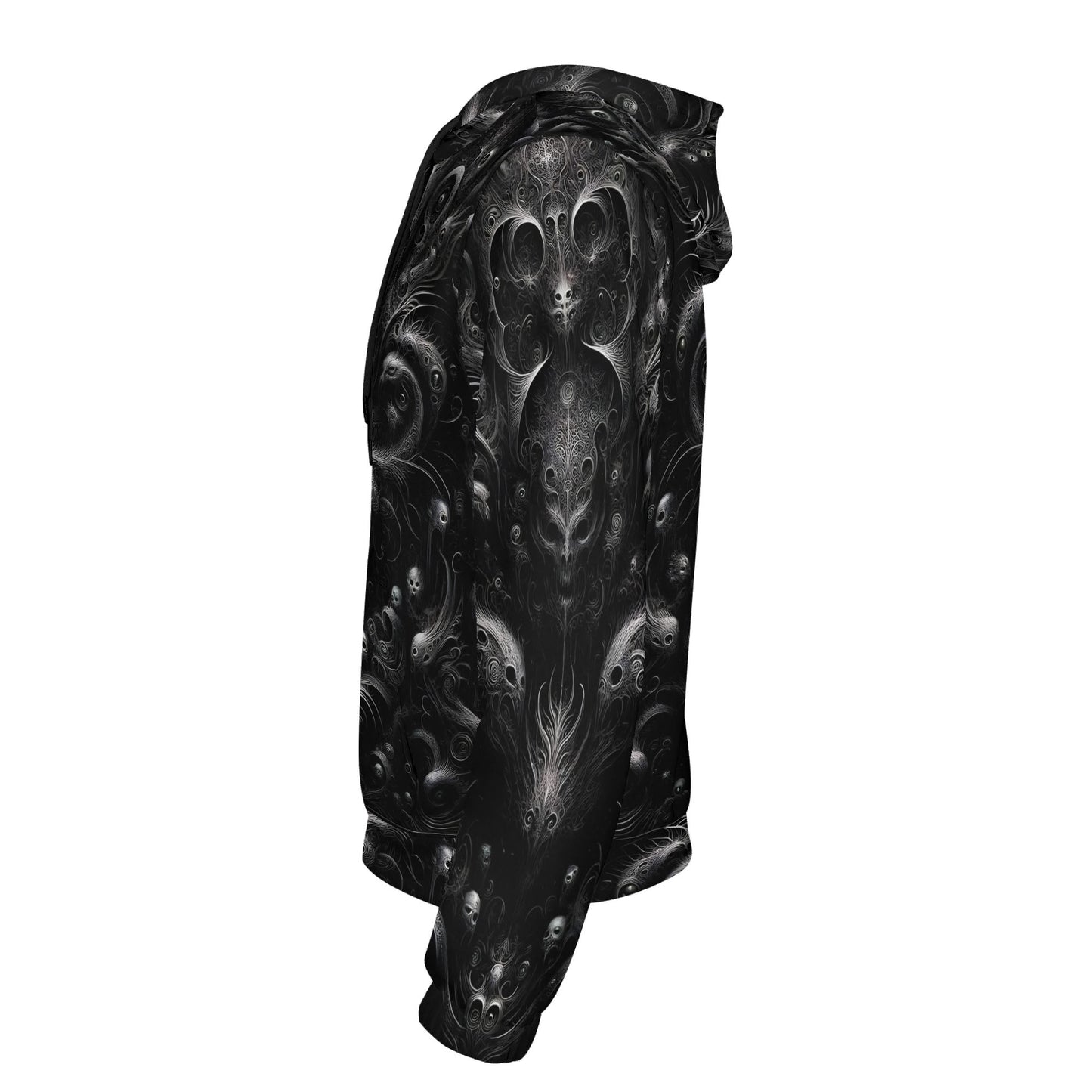 Side view of Loud and Lethal Whispers of the Void Poly French Terry hoodie with dark intricate skull design