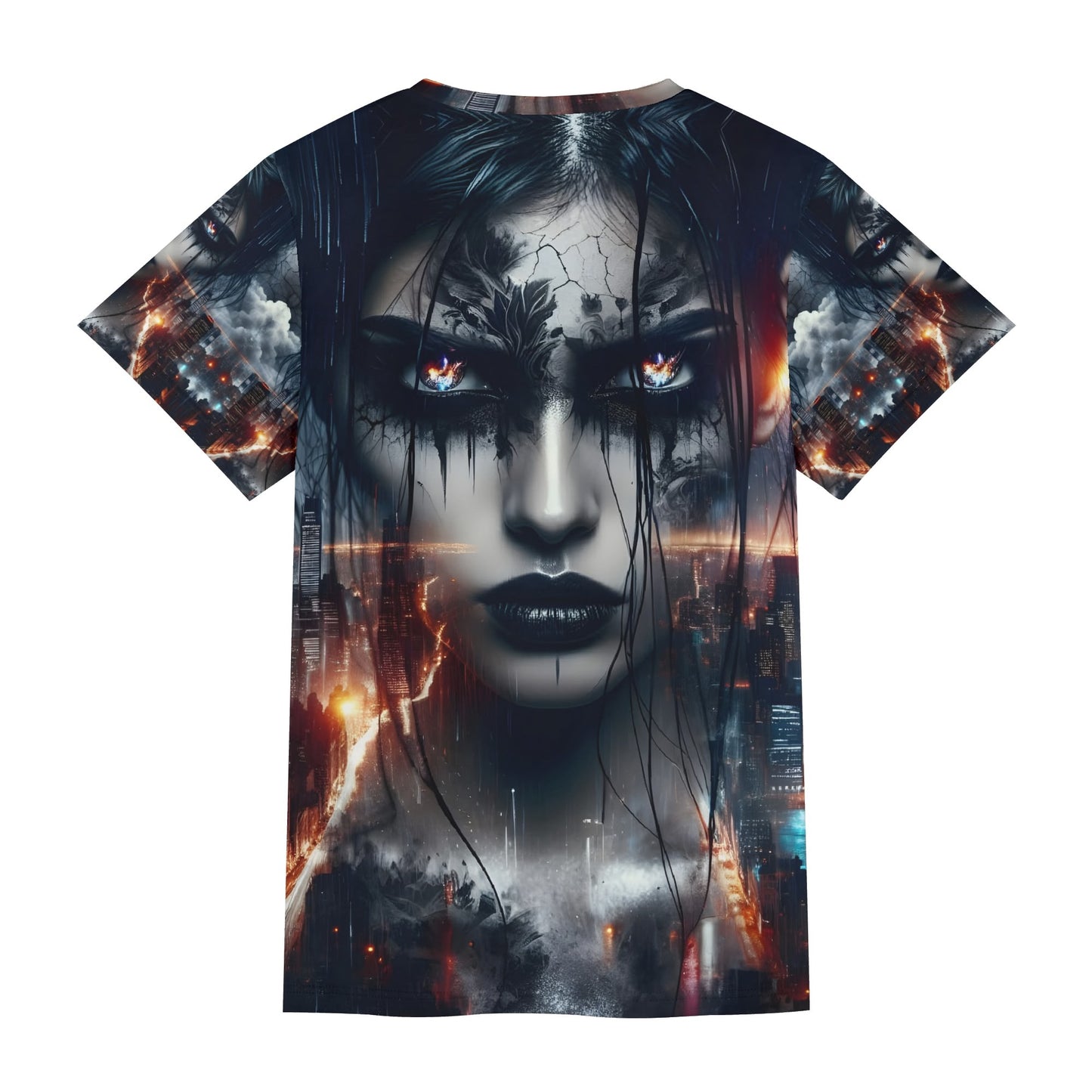 Wicked Vision Lycra T-Shirt by Loud and Lethal featuring dark artistic female face and cityscape design
