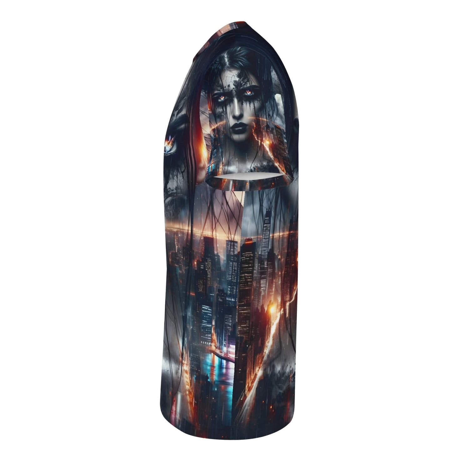 Side view of Loud and Lethal Wicked Vision Lycra T-Shirt featuring dark cityscape and haunting female face graphic