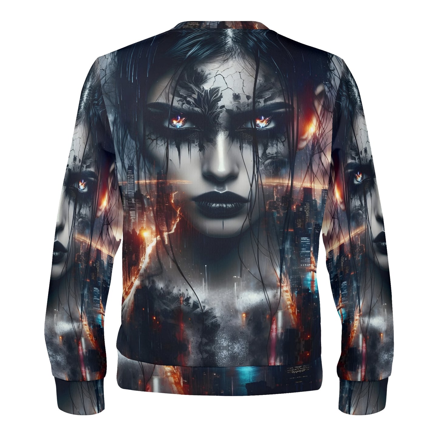 Wicked Vision Poly French Terry Sweatshirt Loud and Lethal unisex sweater with dark gothic face and fiery cityscape print