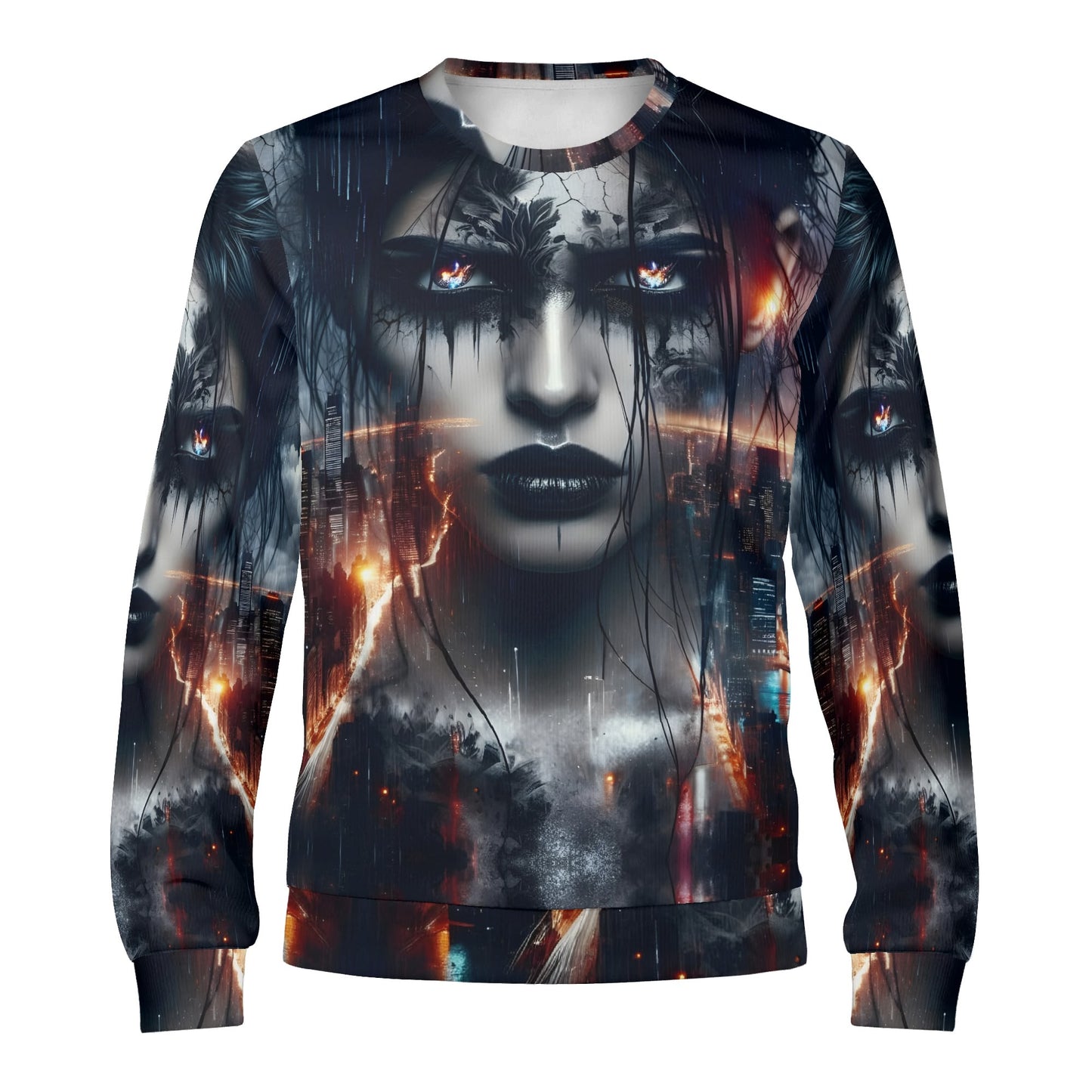 Wicked Vision Poly French Terry Sweatshirt unisex sweater with dark gothic female face and fiery eyes all over print