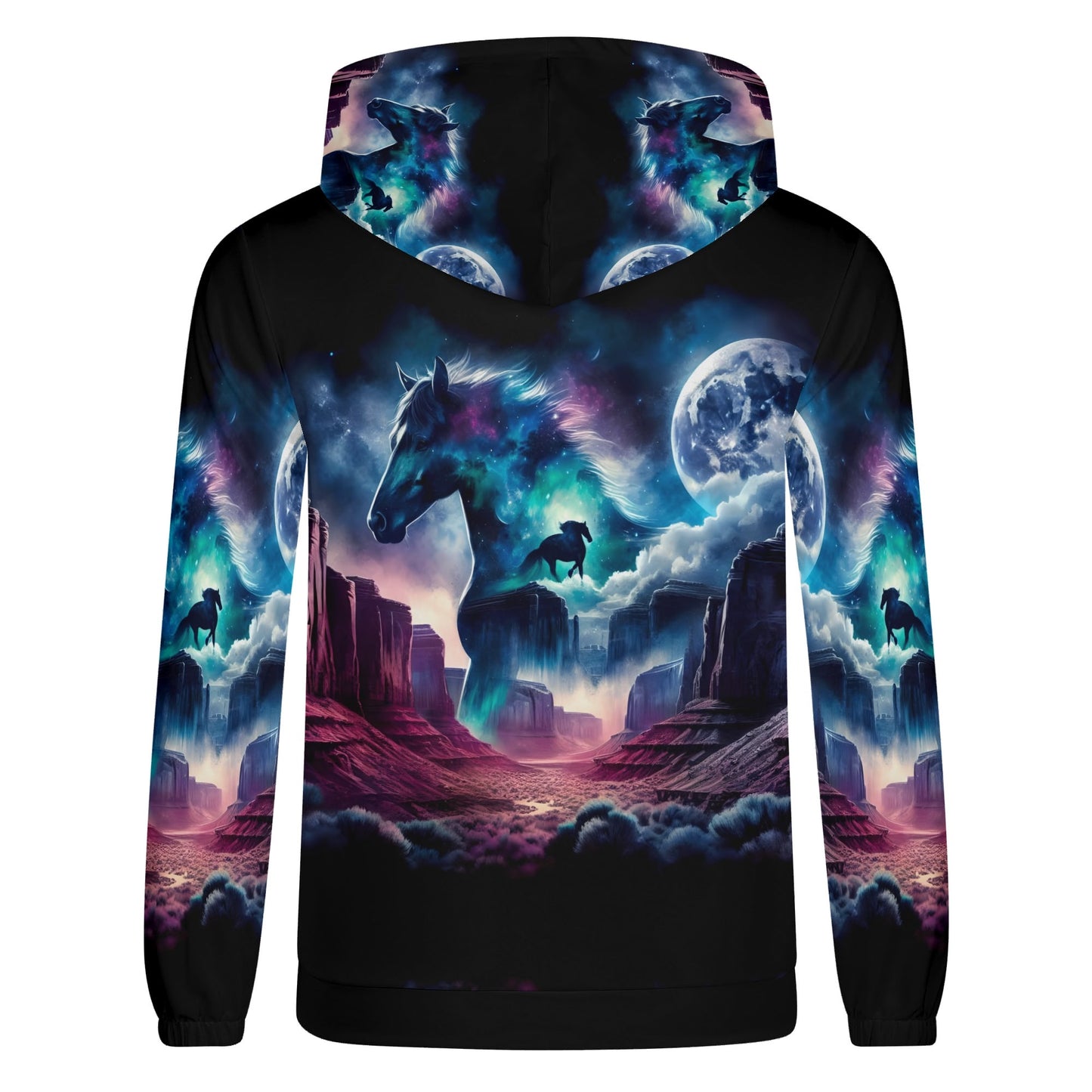 Wild West Wanderer poly french terry hoodie by Loud and Lethal with vibrant horse and desert night design