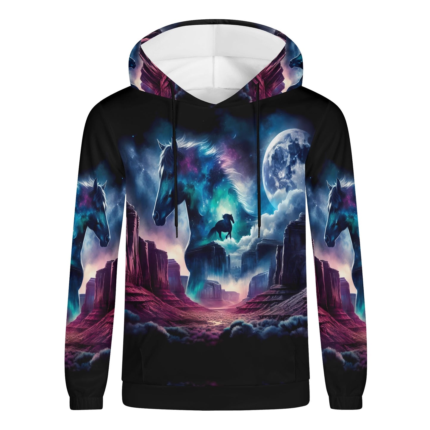 Wild West Wanderer poly french terry hoodie with vibrant horse and desert landscape design by Loud and Lethal
