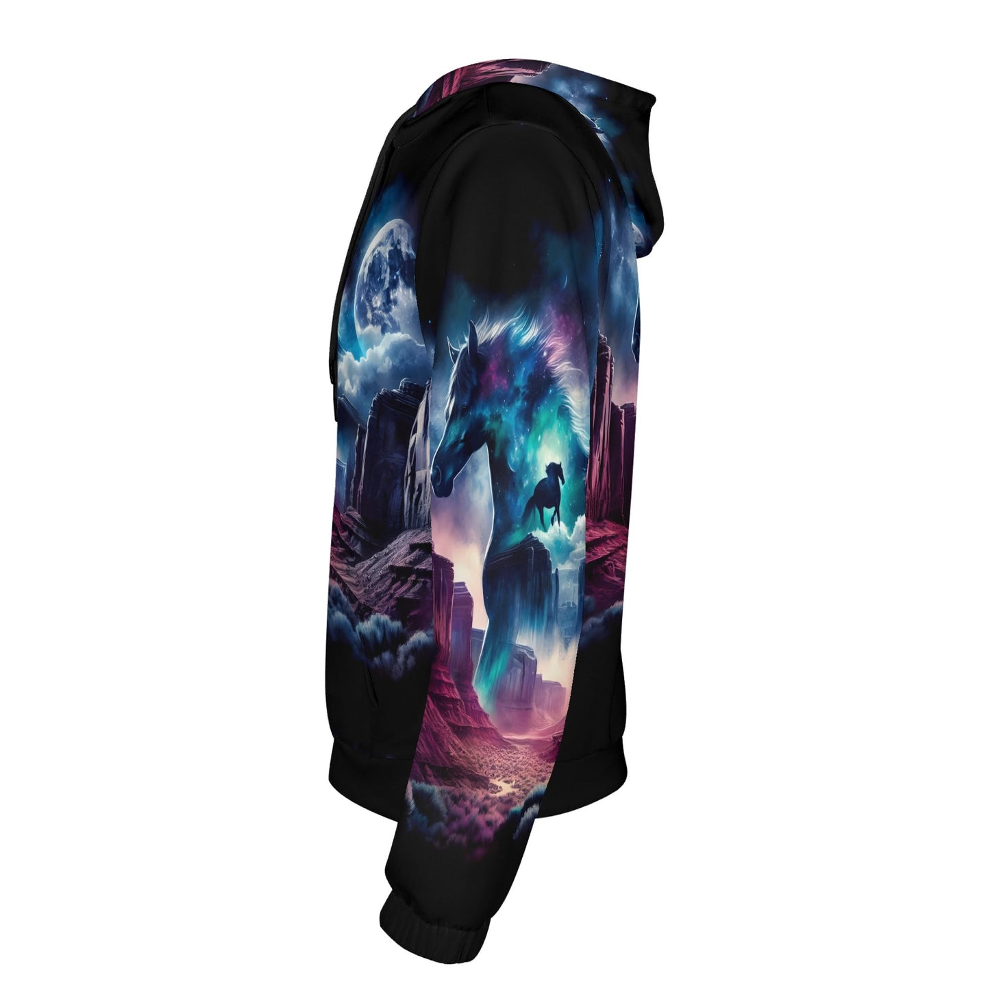 Wild West Wanderer poly french terry hoodie by Loud and Lethal with colorful horse and canyon night scene design