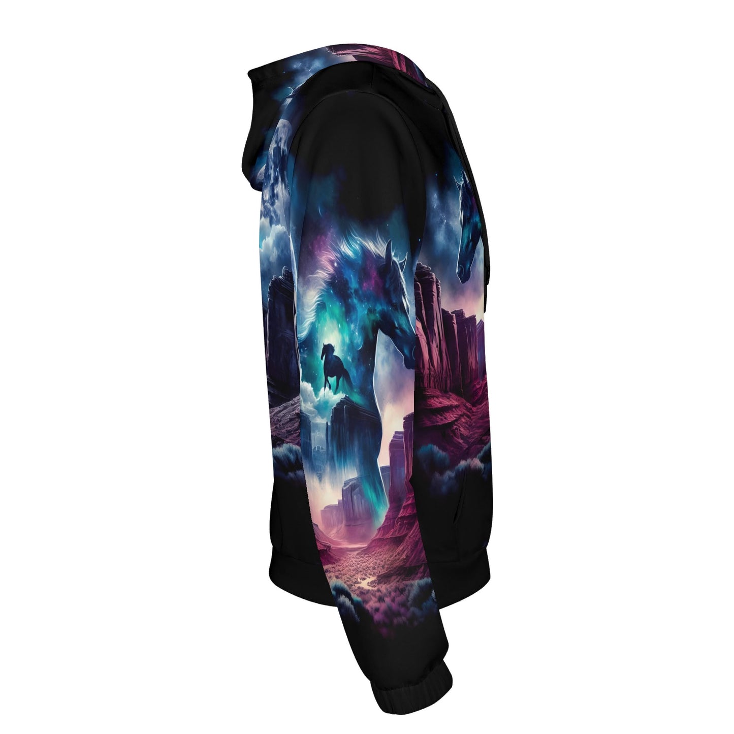 Wild West Wanderer poly french terry hoodie by Loud and Lethal with vibrant mystical horse and canyon design