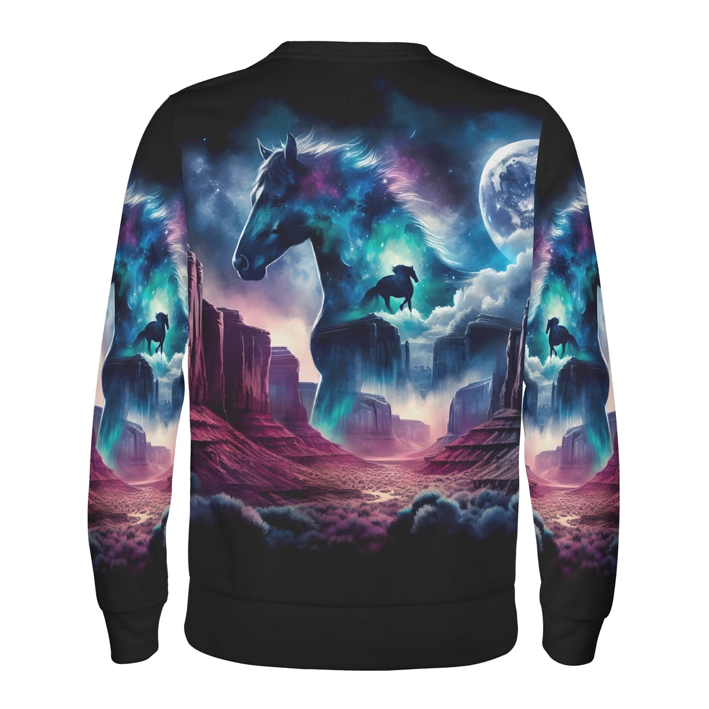 Wild West Wanderer Poly French Terry Sweatshirt featuring a cosmic horse and desert landscape design