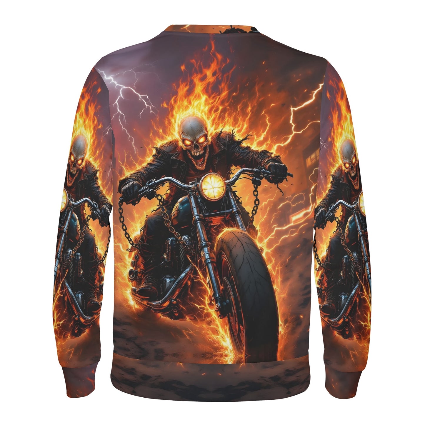 Born to Raise Hell Poly French Terry Sweatshirt unisex sweater with full print flaming skull biker on motorcycle