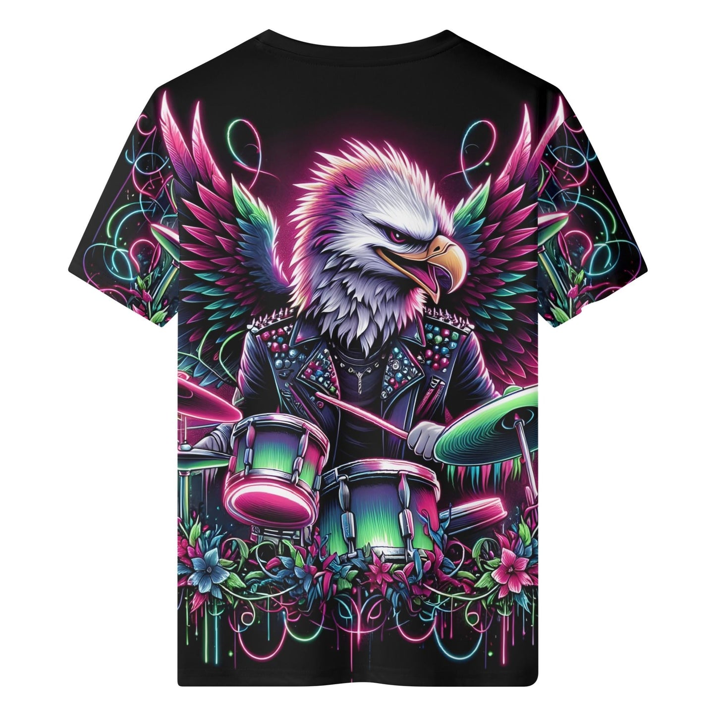 Wingbeat Rocker Organic Cotton Kids T-Shirt with colorful eagle playing drums design by Loud and Lethal