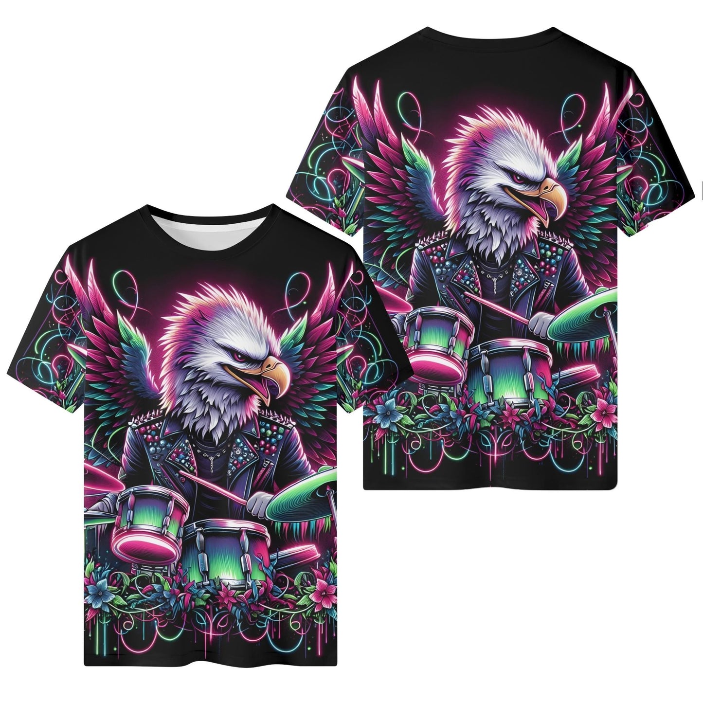 Wingbeat Rocker Organic Cotton Kids T-Shirt featuring vibrant eagle playing drums design on black background