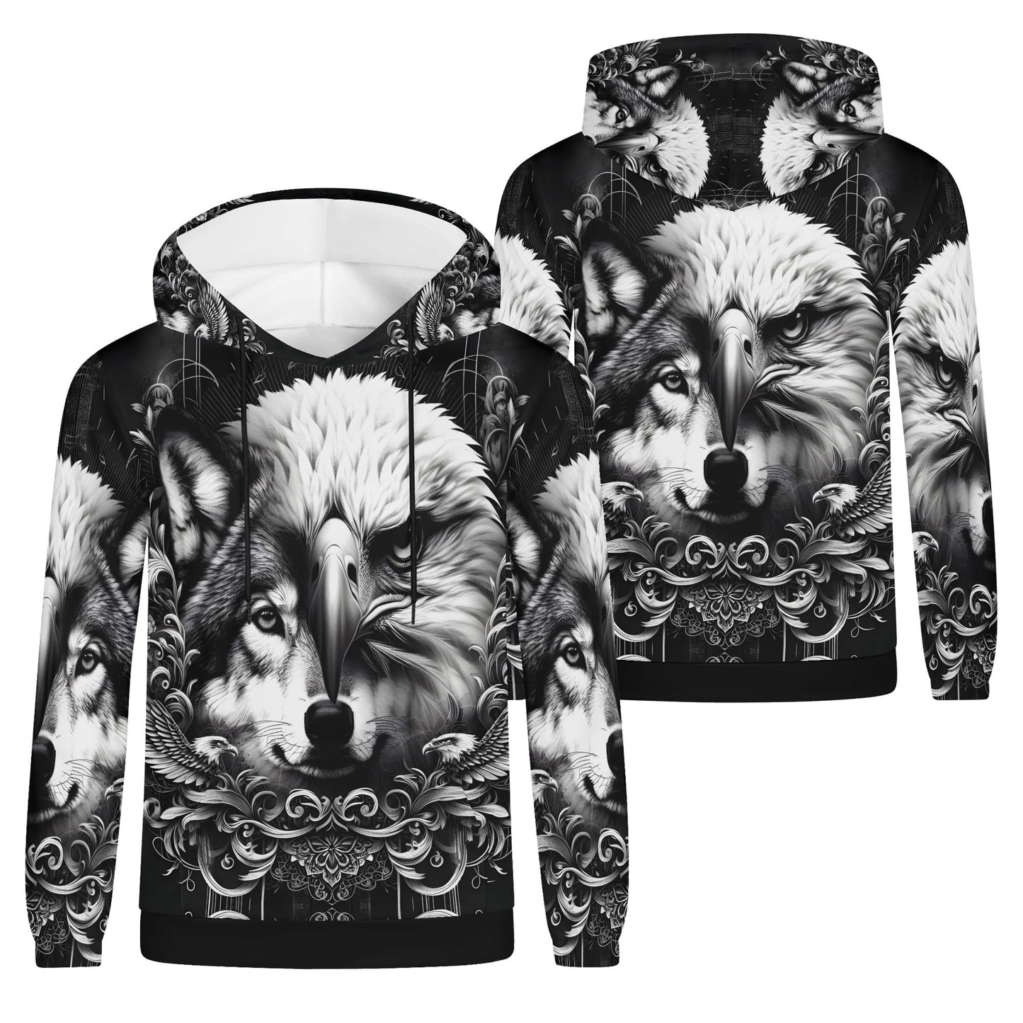 Wolf and Wings Cotton Terry Hoodie by Loud and Lethal featuring detailed black and white wolf and eagle design