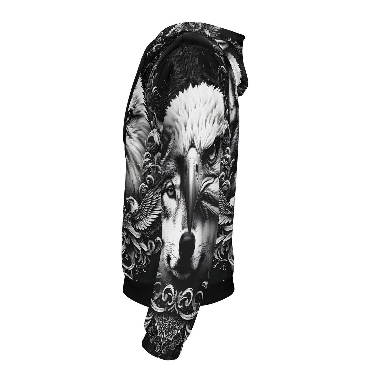 Side view of Loud and Lethal Wolf and Wings Cotton Terry Hoodie with black and white wolf and eagle design