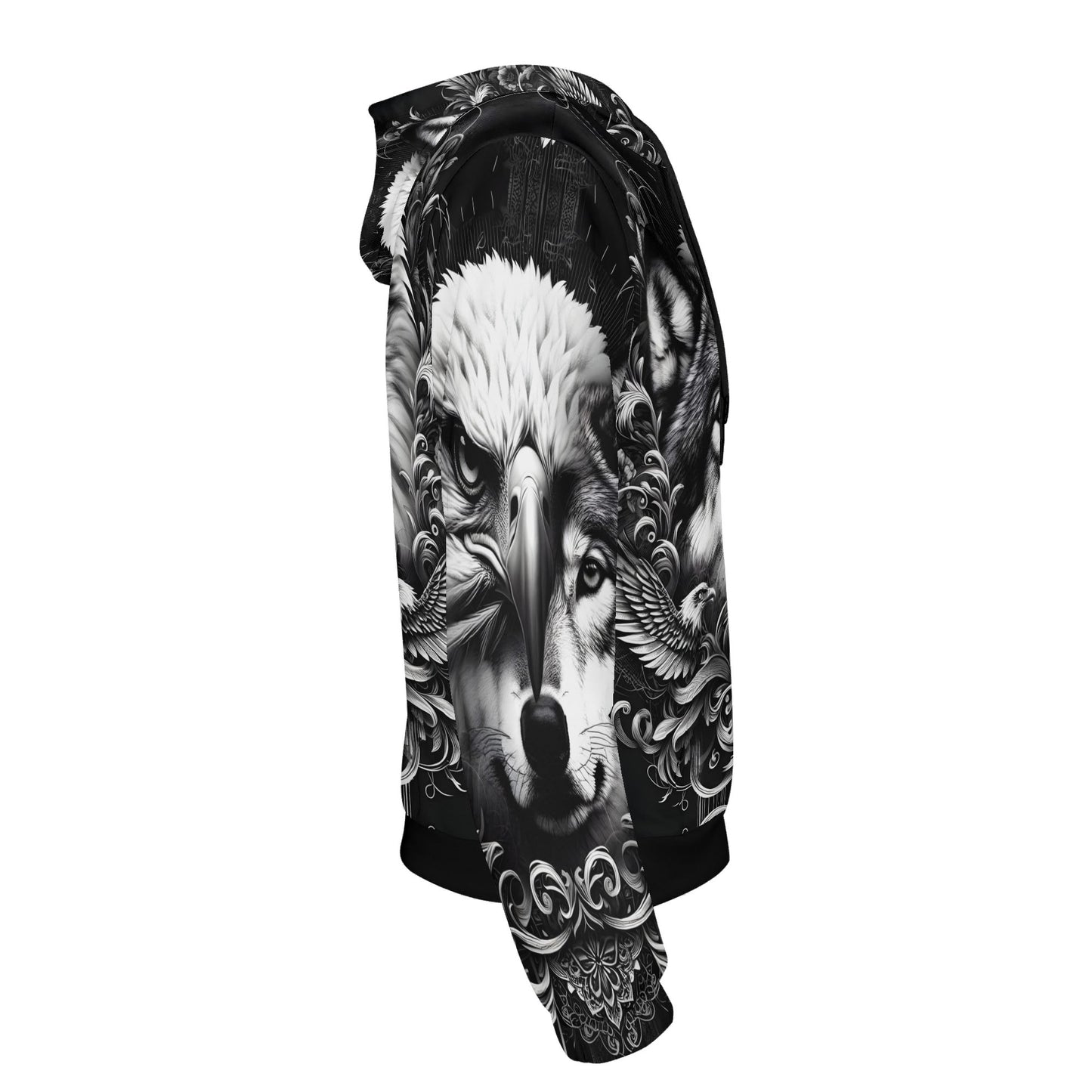Black and white Wolf and Wings Cotton Terry Hoodie with eagle and wolf graphic design on sleeve