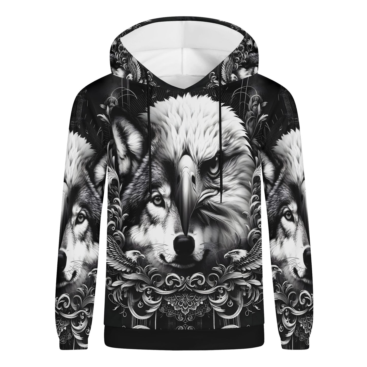 Wolf and Wings Poly French Terry Hoodie by Loud and Lethal featuring detailed black and white wolf and eagle design
