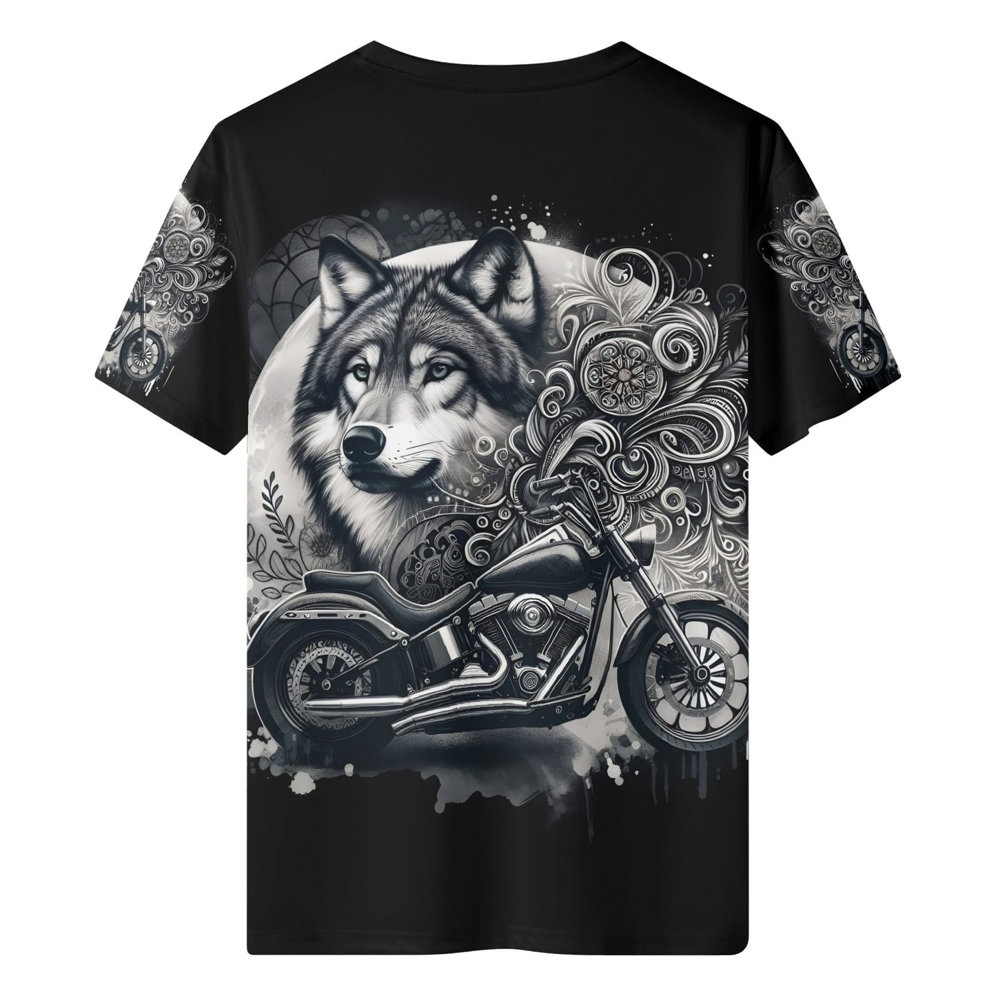 Wolf Rider 100 Cotton T-Shirt featuring a wolf and motorcycle graphic on black unisex tee