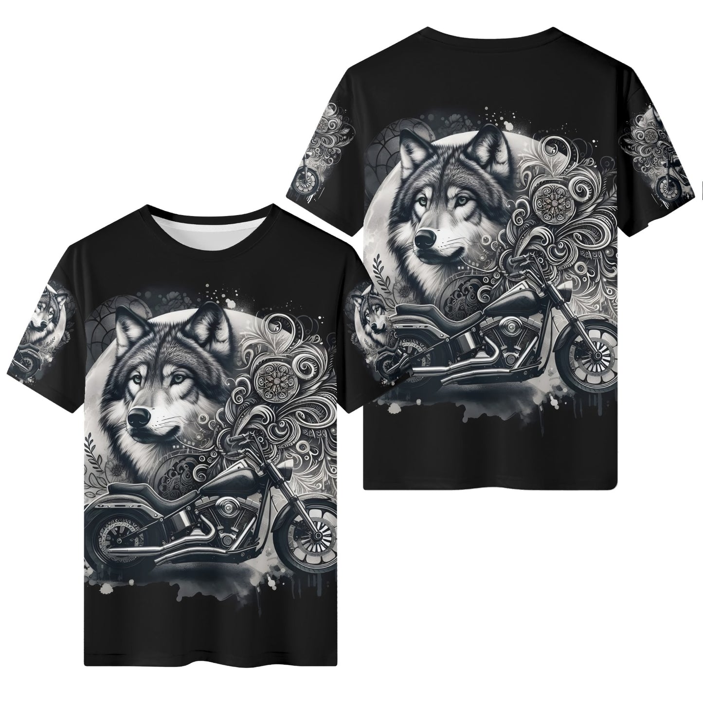 Wolf Rider 100 Cotton T-Shirt by Loud and Lethal with wolf and motorcycle graphic on black unisex tee