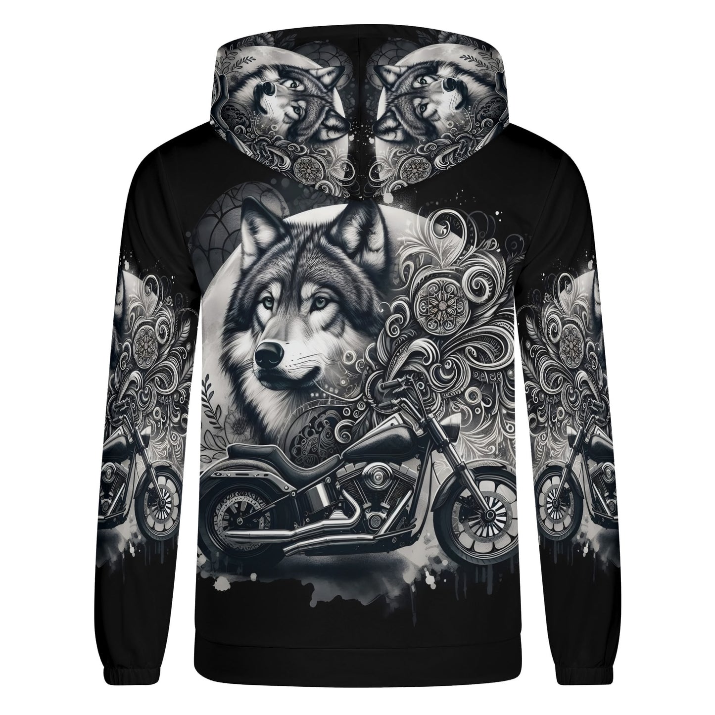 Wolf Rider poly french terry hoodie with wolf and motorcycle graphic design in black and gray tones