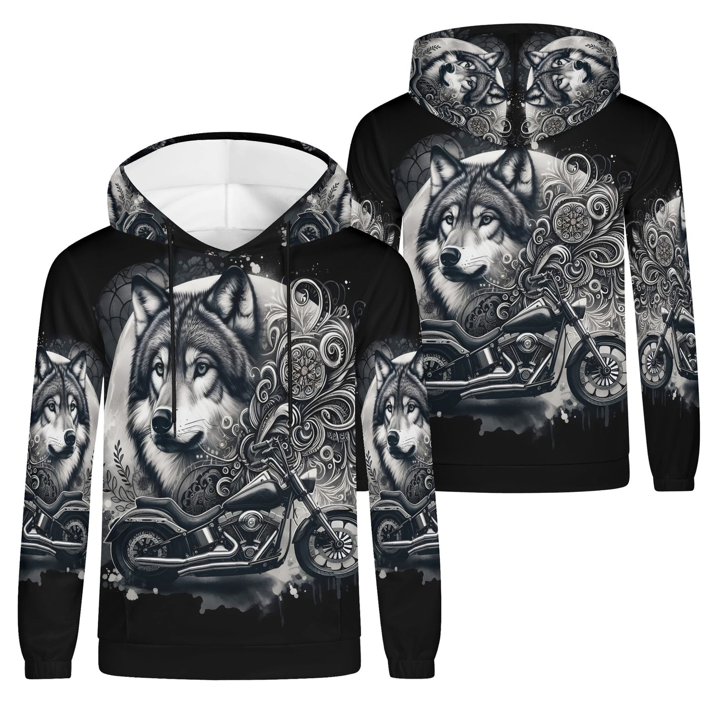 Wolf Rider poly french terry hoodie by Loud and Lethal featuring detailed wolf and motorcycle graphic on black unisex hoodie