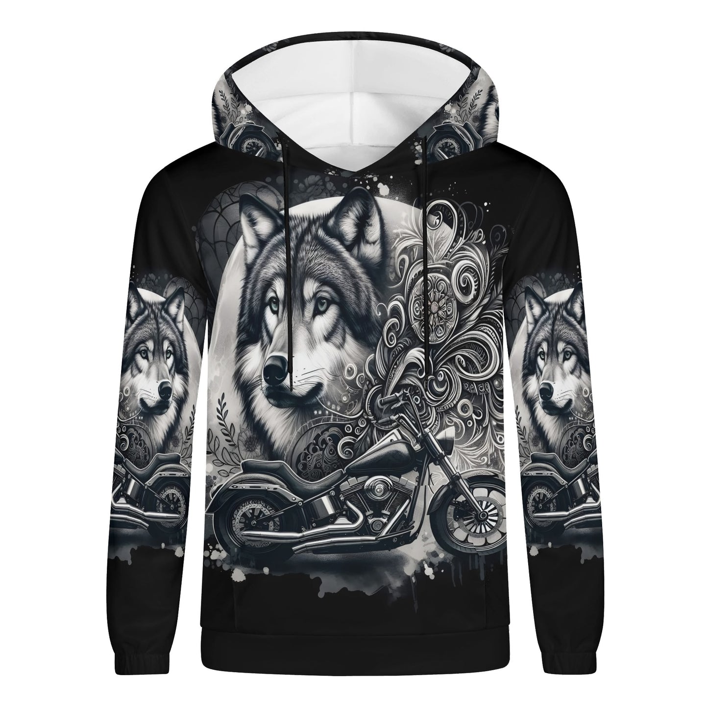 Wolf Rider poly french terry hoodie featuring a detailed wolf and motorcycle graphic in black and gray