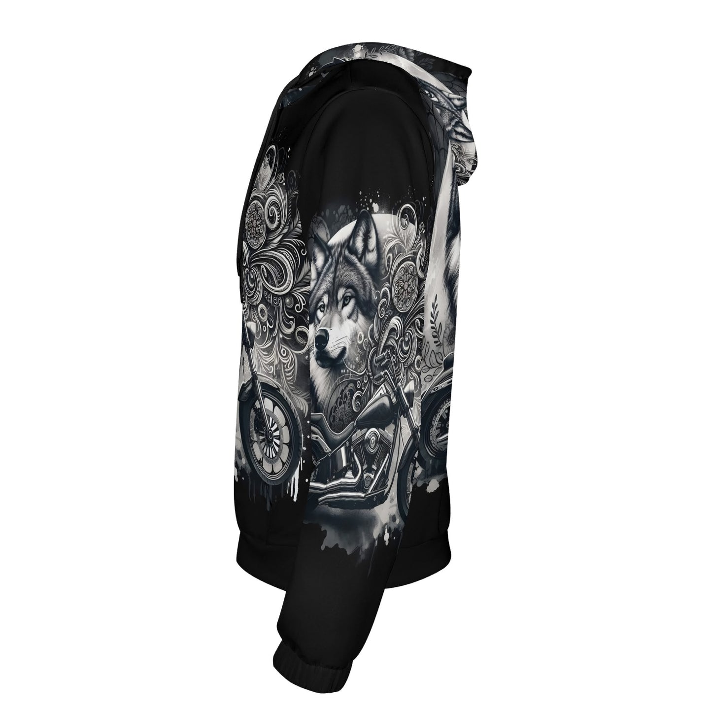 Side view of Wolf Rider poly french terry hoodie by Loud and Lethal with wolf and motorcycle design