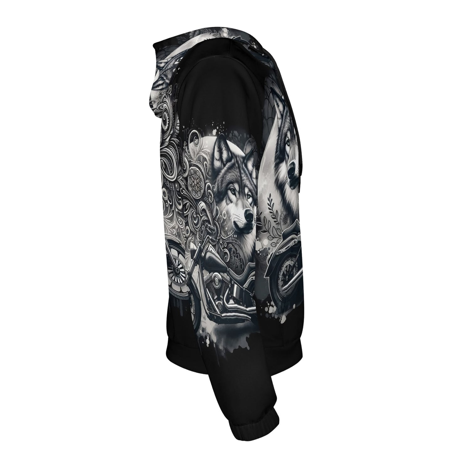 Side view of Loud and Lethal Wolf Rider poly french terry hoodie featuring wolf and motorcycle design