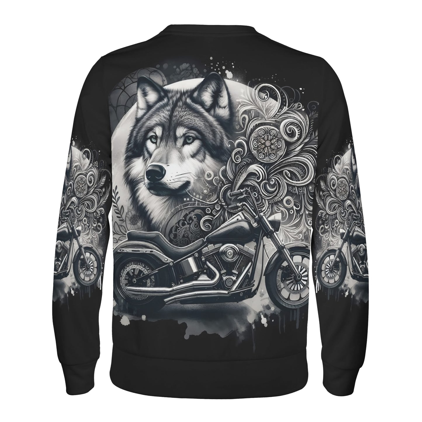 Wolf Rider Poly French Terry Sweatshirt by Loud and Lethal unisex black sweater with wolf portrait and motorcycle graphic