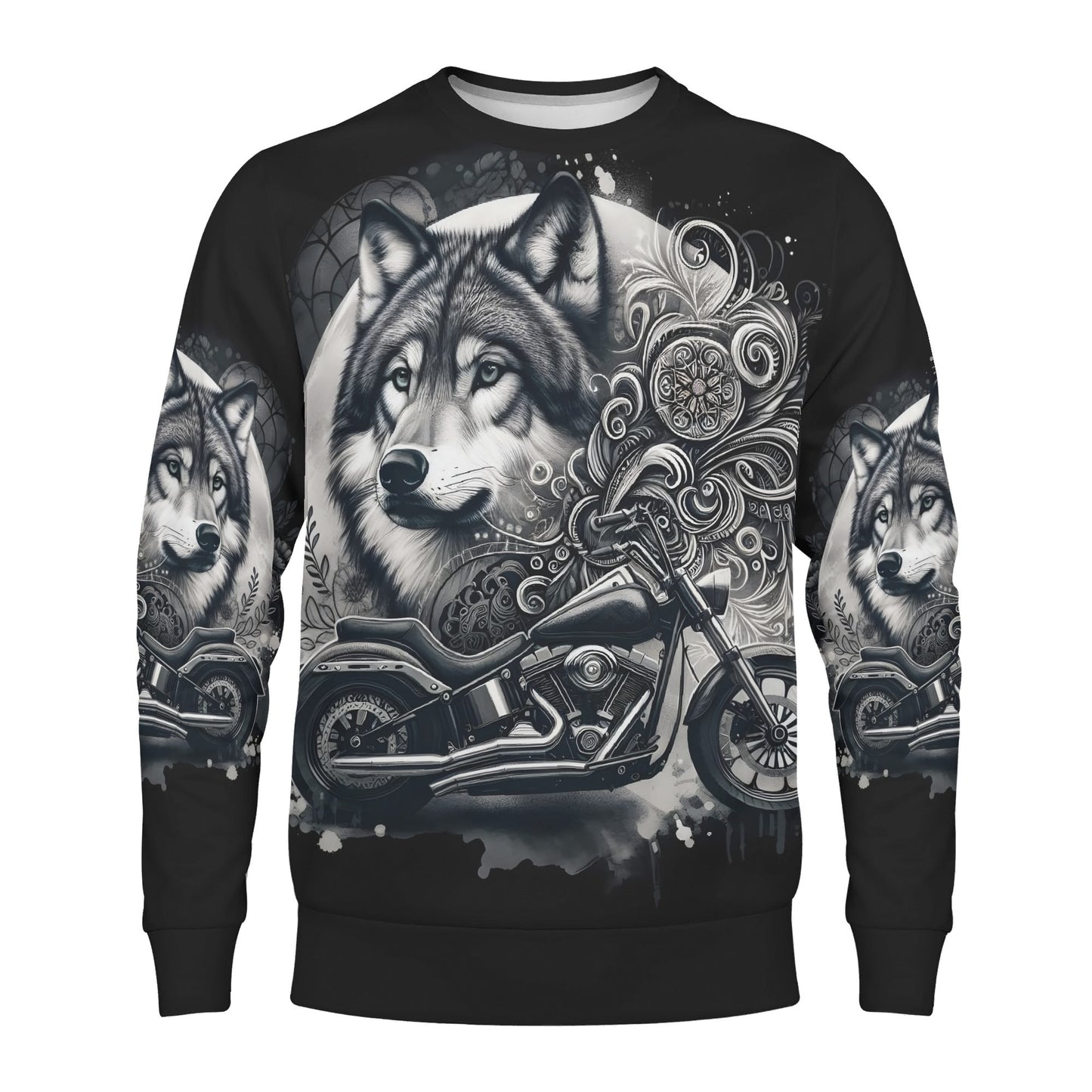 Loud and Lethal unisex sweater with detailed wolf and motorcycle print Wolf Rider Poly French Terry Sweatshirt