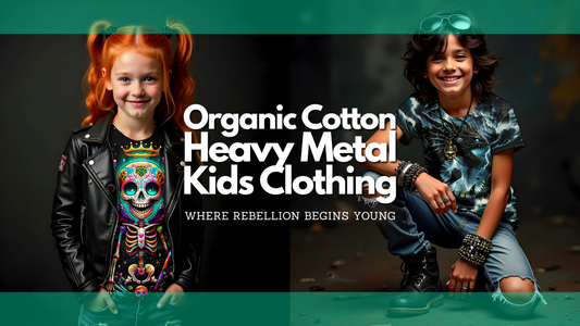 A boy and a girl wearing organic cotton heavy metal kids clothing