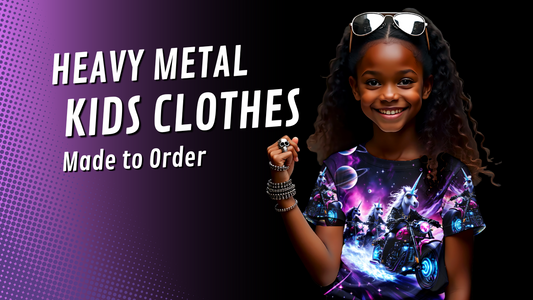Young girl is wearing a organic cotton all-over printed Unicorn Riders t-shirt from Loud & Lethal. Heavy Metal Kids Clothes Made to Order.Riders t